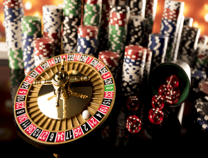 High stakes casino theme with roulette wheel, chips and dice